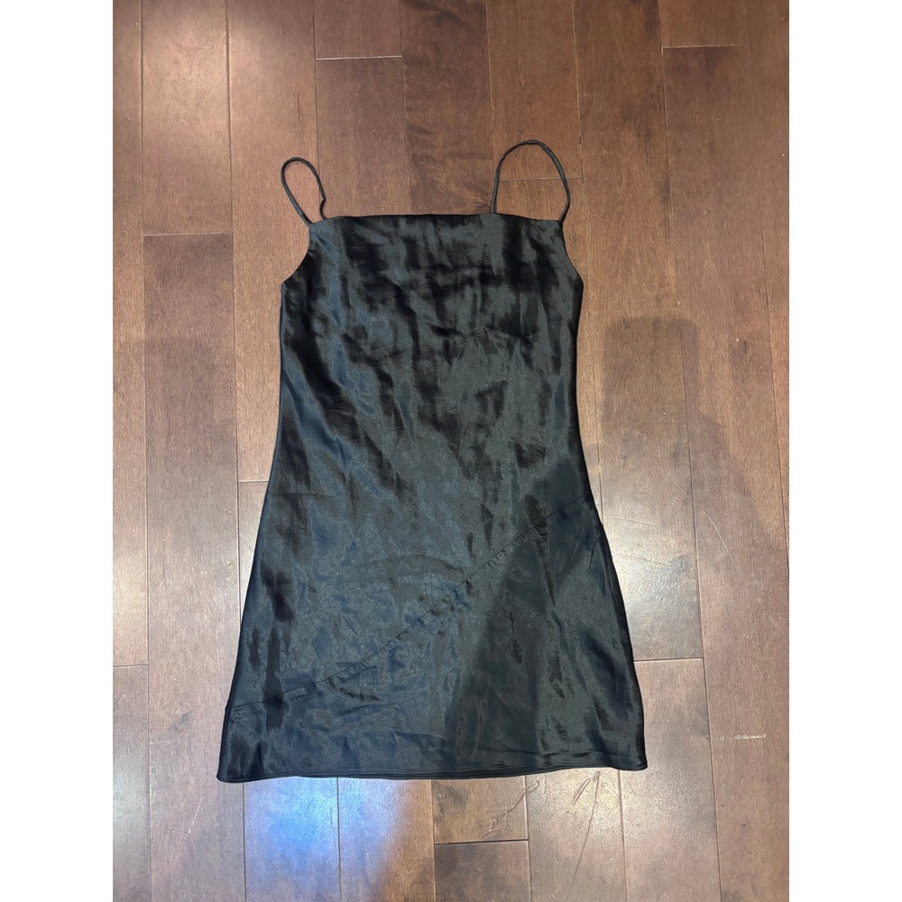 Black Satin Spaghetti Strap Mini Slip Dress Straight Neck Diagonal Seam Detail